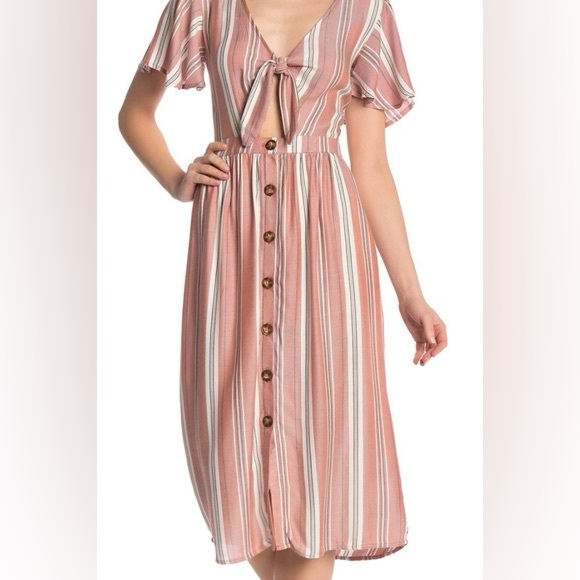 Mimi Chica Terracota Tie Front Buttoned Midi Flutter Sleeve Sundress Size Small - Picture 2 of 6